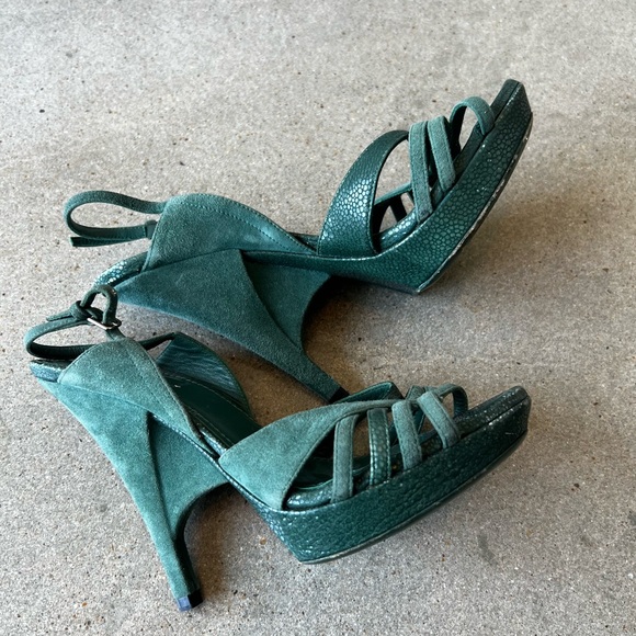 YSL - women's size 36.5 designer heels in dark green. - Picture 3 of 7
